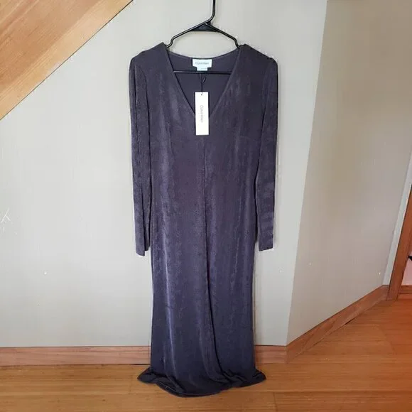 NWT Calvin Klein V-Neck Midi Dress in Gray with Sheen - Picture 8 of 9